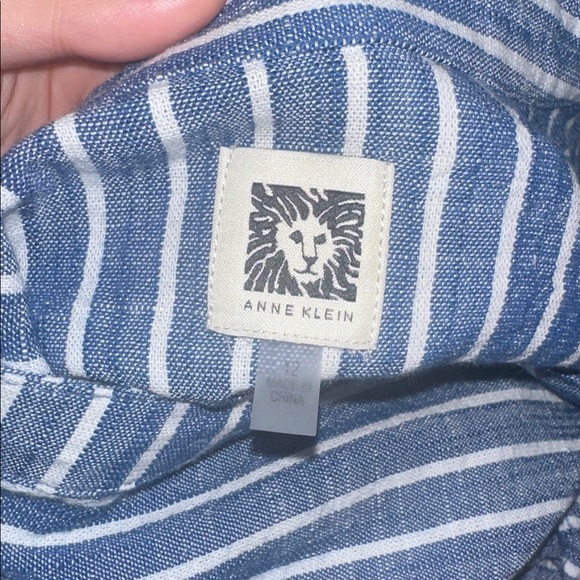 Anne Klein Linen Style Blue and White Shift T-Shirt Dress Striped Gold Accents - Picture 5 of 6